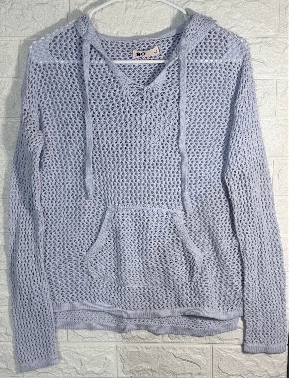 SO Women’s Size Small Light Blue Open-Knit Hooded Sweater